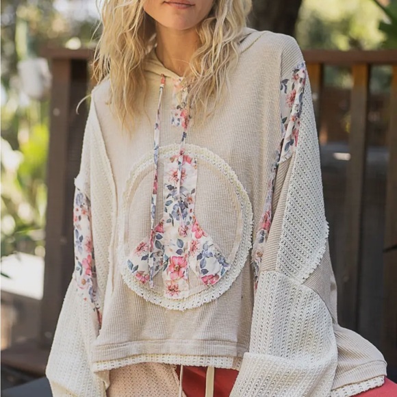 ✨NEW✨POL, Long Sleeve Floral Peace Patch ribbed Hoodie, in Almond,Sizes S-L - Picture 7 of 7